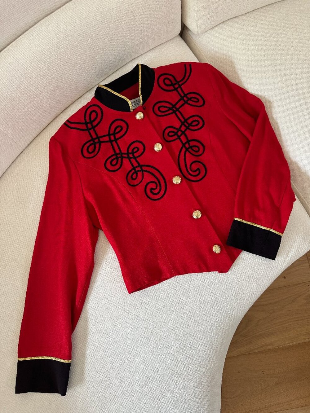Vintage Jessica Howard Red Military-Style Soutache Jacket Sz 12 Black Gold 90's